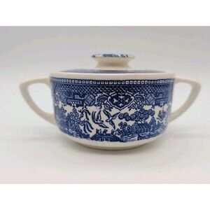 Vintage Blue Willow Covered Sugar Bowl Lidded 2-Handled Ceramic Unmarked